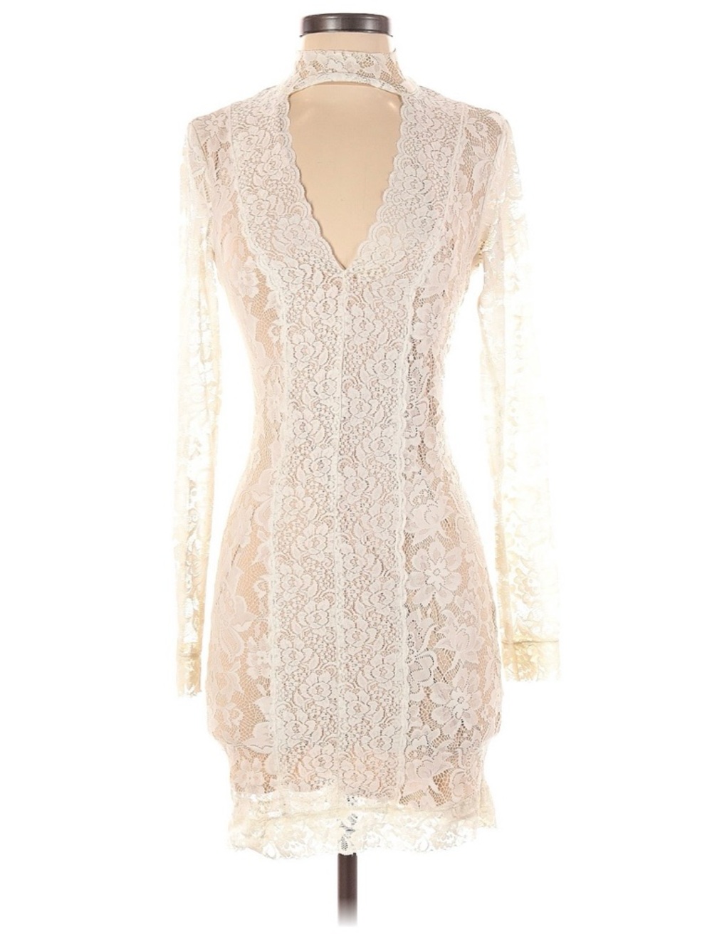 BEBE Lace V-Neck Long Sleeve Dress in Cream